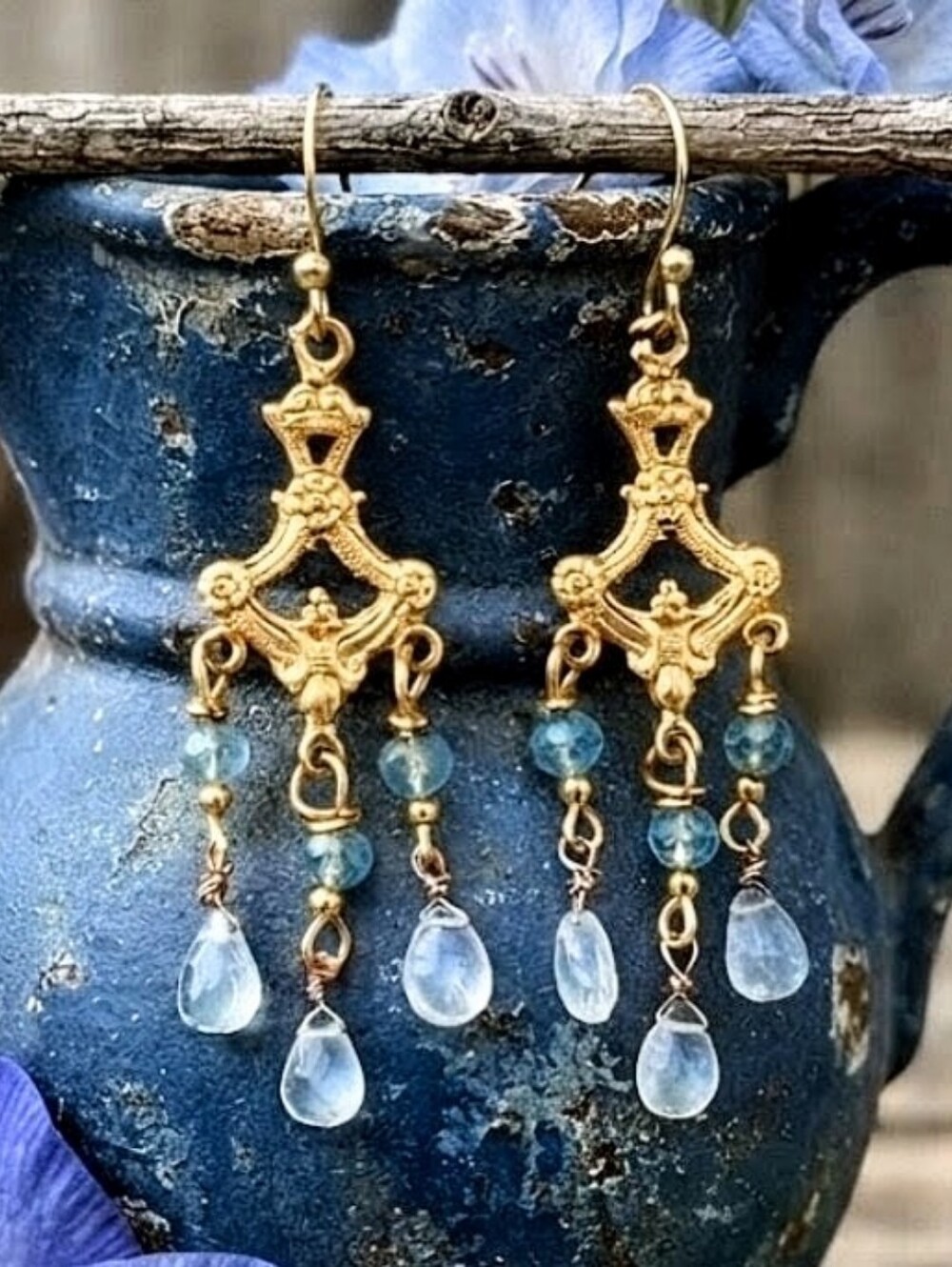 Regency Elegant Genuine Blue Topaz In Victorian Chandelier Gold Plated Earrings